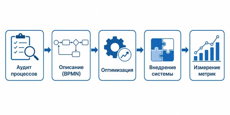Схема этапов автоматизации бизнес-процессов: аудит, описание BPMN, оптимизация, внедрение системы, измерение метрик